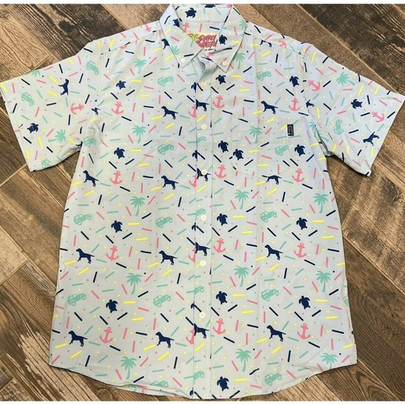 Mens Simply Southern Life Of The Party Button Shirt Beachy Jeep Dogs Turtles M - Picture 2 of 6